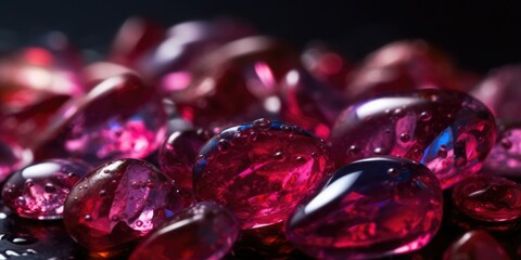 Vibrant ruby red gemstone chips, sparkling and lustrous crystals scattered on rocky floor, shallow depth of field bokeh blur, macro closeup  - generative AI.