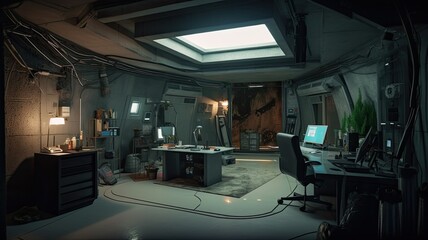 Home office bunker, interior garden with futuristic hidroponics system, aeroponi. Generative AI Technology 