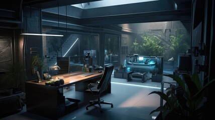 Home office bunker, interior garden with futuristic hidroponics system, aeroponi. Generative AI Technology 