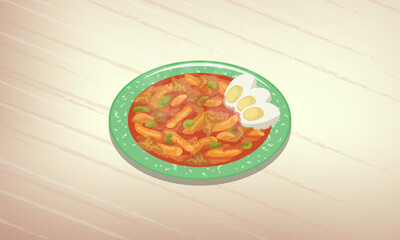 한국 음식 옛날 떡볶이 벡터 일러스트, Korean food spicy old style tteokbokki delivery food vector illustration