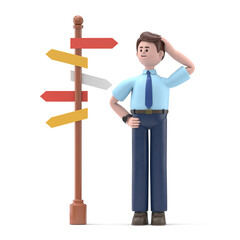3D illustration of smiling Asian man Felix standing at a crossroad and looking directional sign arrows.3D rendering on white background.
