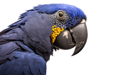 Fototapeta premium a spring-themed photographic illustration of a blue indigo macaw parrot macro head transparent background in PNG. T-shirt design. Generative AI