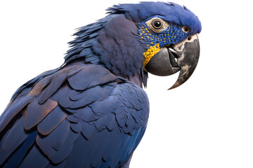 Obraz premium a spring-themed photographic illustration of a blue indigo macaw parrot macro head transparent background in PNG. T-shirt design. Generative AI