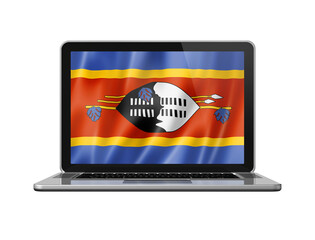 Swaziland flag on laptop screen isolated on white. 3D illustration