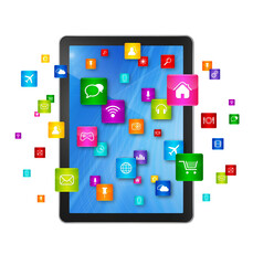 Digital Tablet pc and flying apps icons