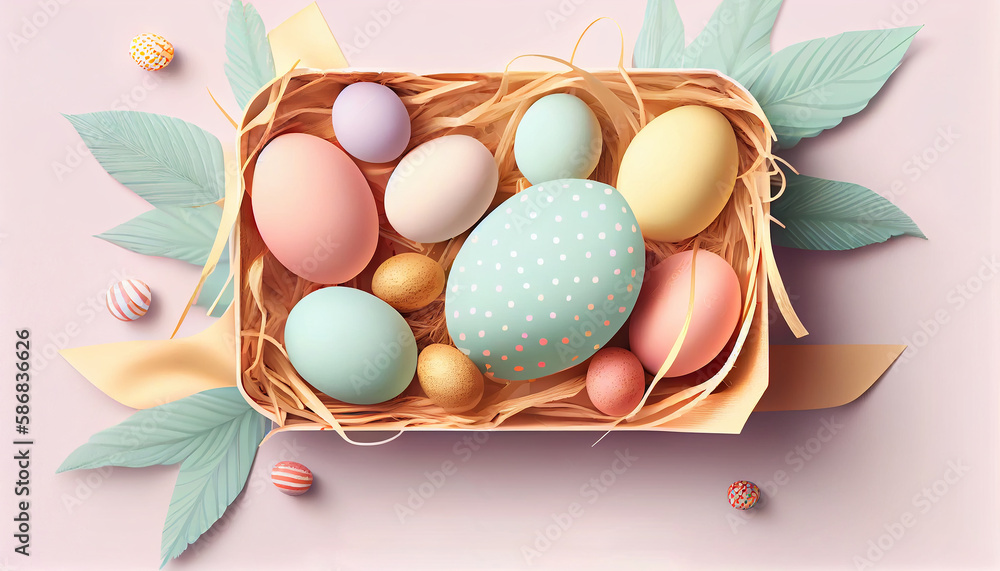 Poster happy easter day concept. top view easter eggs isolated on white background with copy space for text