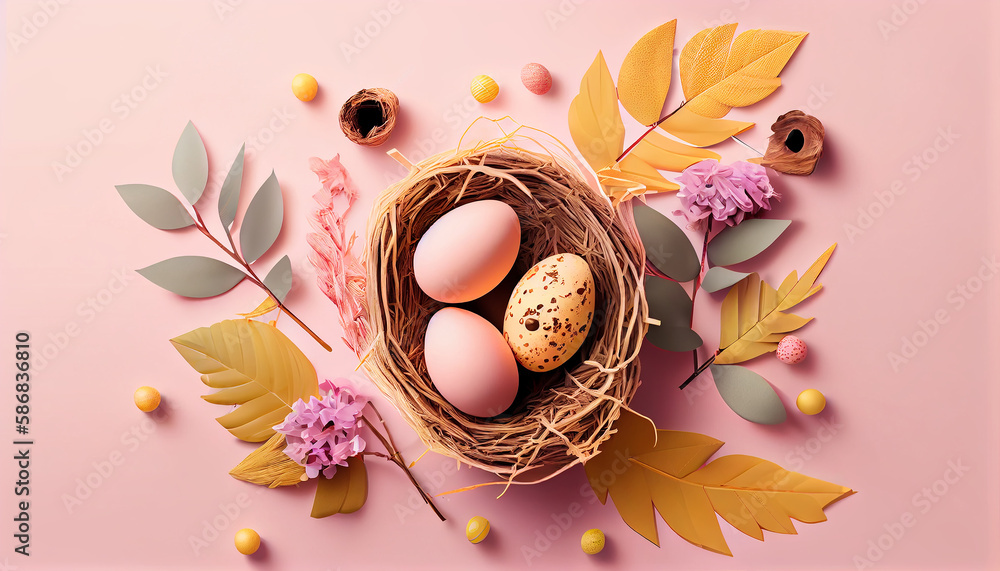 Poster happy easter day concept. top view easter eggs isolated on white background with copy space for text