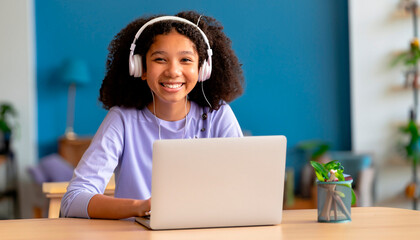 Beautiful mixed-race teenage girl sitting happily in front of her laptop taking online classes. Generative AI