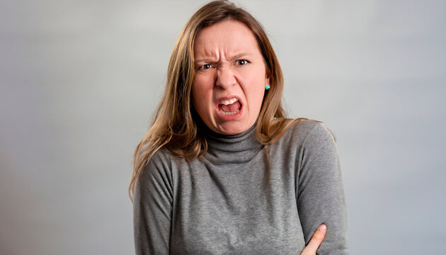 Woman with expression of disgust and displeasure on gray isolated background. Generative AI