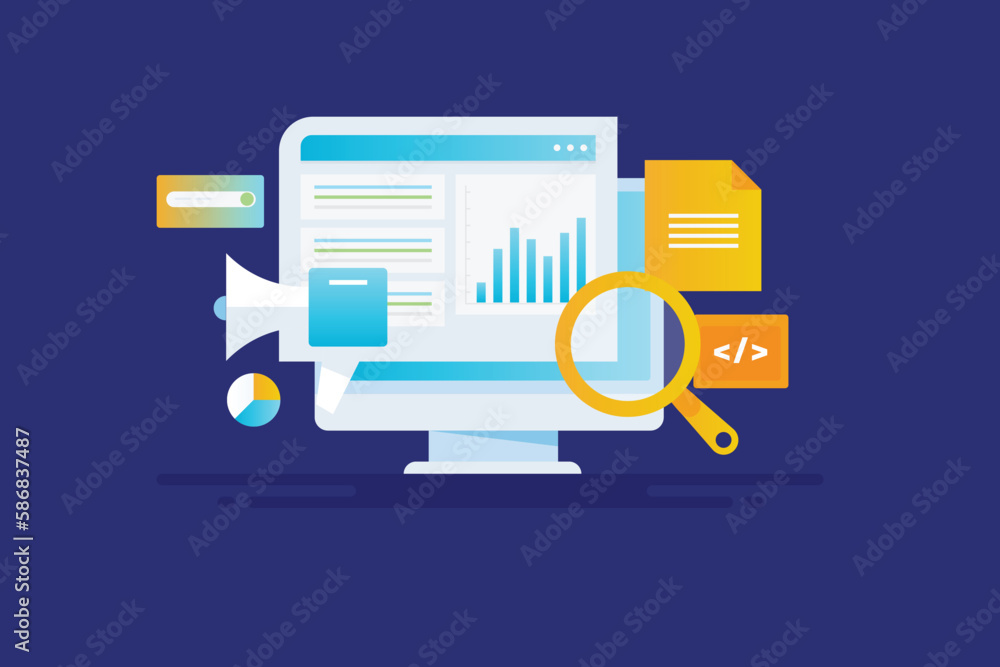 Poster digital marketing analytics, website ranking on search engine, web traffic, seo audit report concept