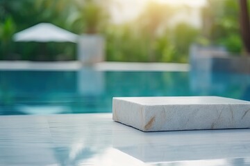 marble block on a table next to a swimming pool. Generative AI