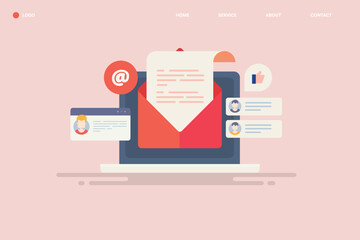 Open email letter on laptop screen. Digital marketing strategy reaching out customer through email campaign. Vector illustration web banner. 