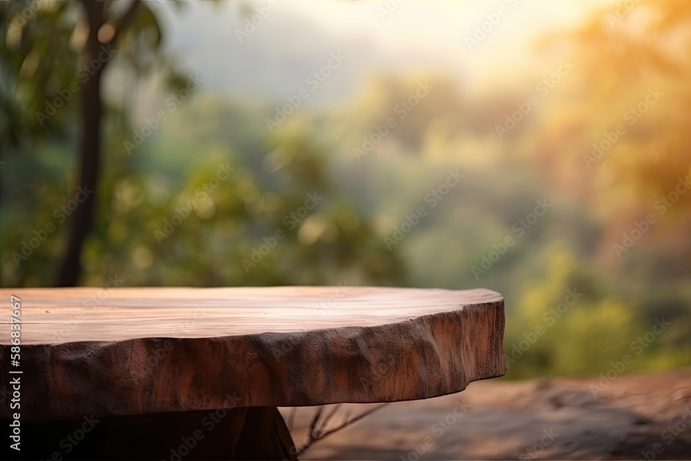 Poster rustic wooden table with a serene forest backdrop. generative ai