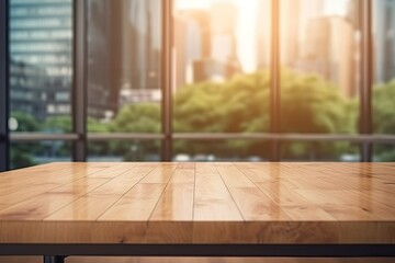 wooden table overlooking a bustling cityscape. Generative AI