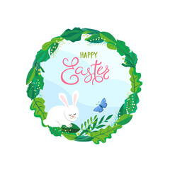 Happy Easter vector illustration. Trendy Easter design with typography, wreath, bunny and spring flowers in soft colors for banner, poster, greeting card.