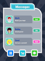 Menu of game graphic user interface on screen of 2d mobile game application in flat cartoon style with simple theme