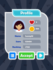 Menu of game graphic user interface on screen of 2d mobile game application in flat cartoon style with simple theme