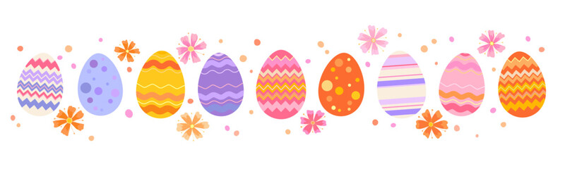 Happy Easter vector illustration on white background. Trendy Easter design with eggs and flowers in soft colors for banner, poster, greeting card.