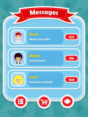 Menu of game graphic user interface on screen of 2d mobile game application in flat cartoon style with simple theme