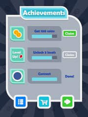 Menu of game graphic user interface on screen of 2d mobile game application in flat cartoon style with simple theme