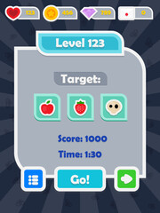 Menu of game graphic user interface on screen of 2d mobile game application in flat cartoon style with simple theme