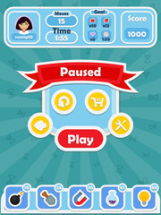 Menu of game graphic user interface on screen of 2d mobile game application in flat cartoon style with simple theme