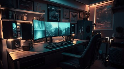 Gaming room with hightech technology computer. Generative AI Technology 