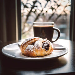 French croissant and cup of coffee morning breakfast with cafe vibe as background