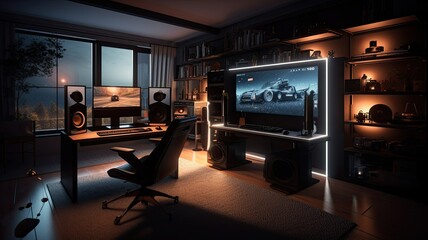 Gaming room with hightech technology computer. Generative AI Technology 