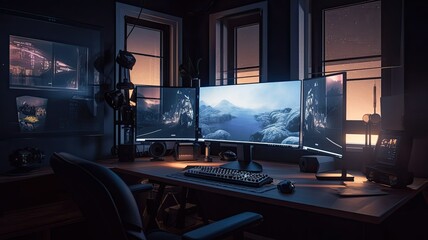 Gaming room with hightech technology computer. Generative AI Technology 