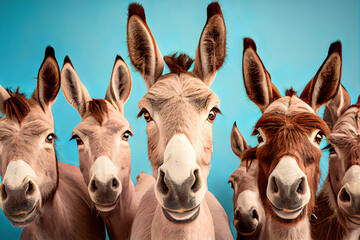 Abstract portrait, group selfie of domestic animals, happy, funny donkeys posing on a pastel blue background. Illustration, Generative AI.