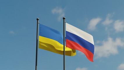 3D illustration of Russia and Ukraine Flags are waving in the sky