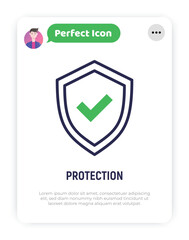 Protection thin line icon: shield with tick. Modern vector illustration.