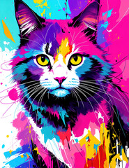 Cat with abstract beauty, looking at the camera, psychedelic colors, dynamic, highly detailed, digital painting, smooth, sharp focus, illustration Generative AI