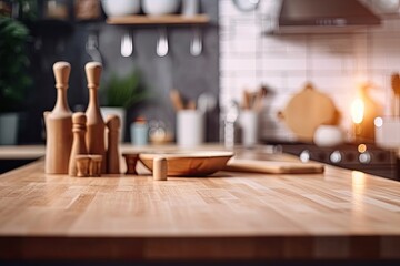 Fototapeta na wymiar rustic kitchen counter with wooden cutting board and utensils. Generative AI
