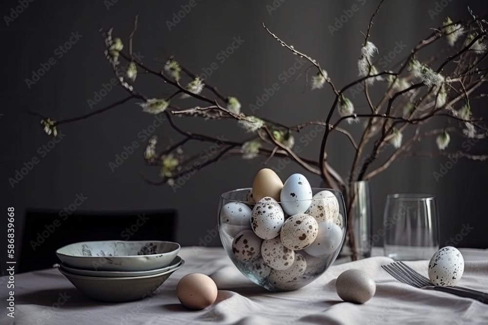 Aufkleber rustic table with a bowl and a vase filled with eggs. generative ai