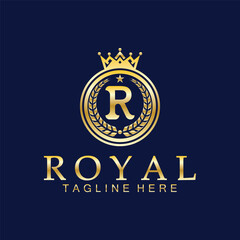 R initial royal crown logo. Royal, King, queen luxury symbol. Font emblem.