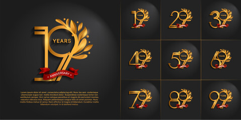 set of anniversary logotype golden color, ornament and red ribbon for special celebration event