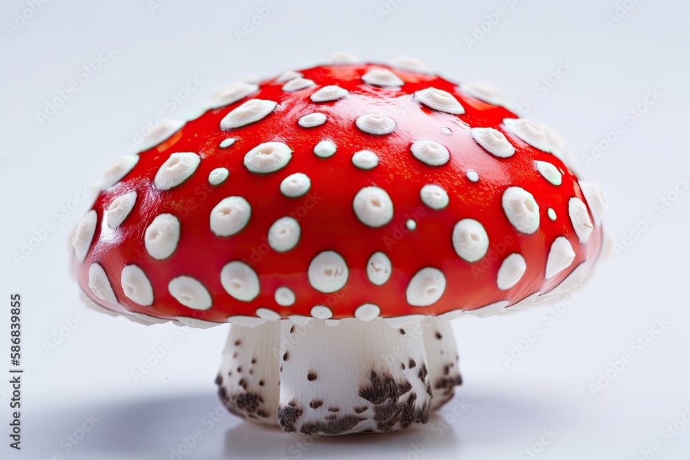 Poster close-up view of a red and white mushroom in the forest. generative ai