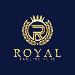 Naklejka premium R initial royal crown logo. Royal, King, queen luxury symbol. Font emblem.