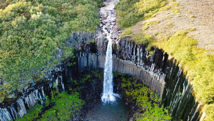Svartifoss Waterfall in Iceland, panoramic view, drone photography