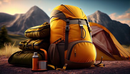 Travel bags in front of a camping tent, hiking equipment. Generative AI. Digital Art Illustration
