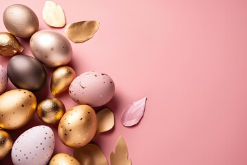 Fototapeta na wymiar collection of shiny gold and silver eggs on a soft pink background. Generative AI