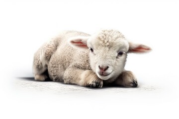 Fototapeta premium young lamb resting on the grass in a sunny field. Generative AI