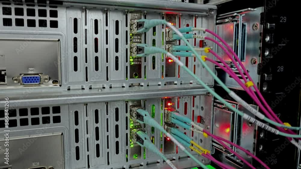 Aufkleber network cables installed in the rack at data center. ethernet cable.