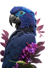 a summer-themed macro photographic illustration of a blue indigo and purple macaw parrot with pink flowers transparent background in PNG. T-shirt Design. Generative AI