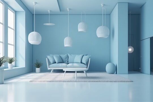 Modern Light Blue Interior Background, Wall Mockup With Generative AI Technology