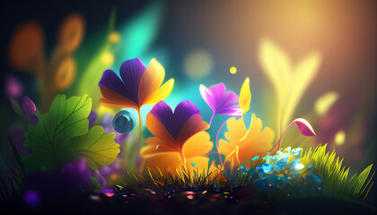 colorful Spring background with bokeh 3d rendering. Generative AI