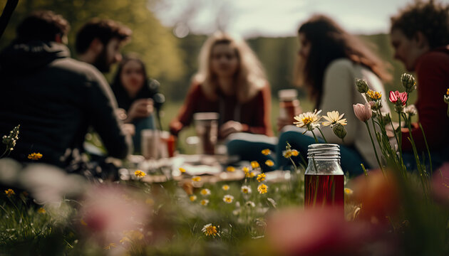 Springtime picnic illustration with blurred people on the backdrop. Outdoor spring nature background. AI generative image.