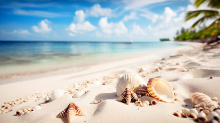 Fototapeta na wymiar Sunny tropical beach with turquoise water, summer holidays vacation background, seashells in sand, palm tree on the beach. Generative AI.